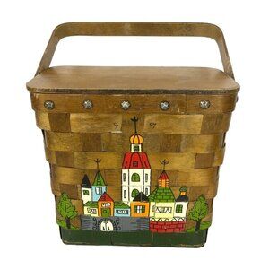 Gary Gail Dallas Vintage 1970s Woven Wood Basket Purse Hand-Painted Cityscape
